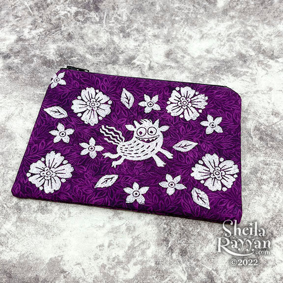 Block Printed Zipper Pouch - Monster and Flowers