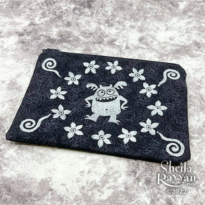 Block Printed Zipper Pouch - Monster and Flowers