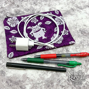 Block Printed Zipper Pouch - Monster and Flowers