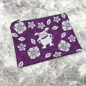 Block Printed Zipper Pouch - Monster and Flowers