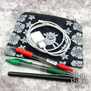 Block Printed Zipper Pouch - Monster and Flowers