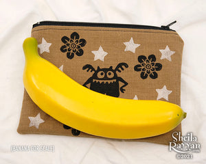 Block Printed Zipper Pouch - Monster and Flowers