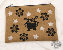 Block Printed Zipper Pouch - Monster and Flowers